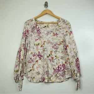 Anthropologie By Maeve Cream Pink Floral Print Ballon Sleeve Tie Blouse. Size M.